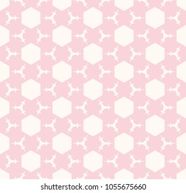 Cute pastel vector geometric pattern in soft colors, pink and white. Subtle abstract repeat background. Elegant geometrical ornament with hexagons, floral figures, triangles, grid. Decorative design 