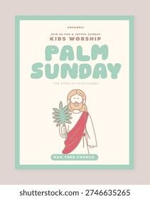A cute pastel vector illustration of Jesus with children for Palm Sunday. Designed in a soft and friendly style for use in Sunday school posters, church banners, and religious educational materials.