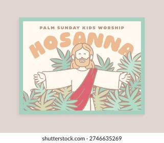 A cute pastel vector illustration of Jesus with children for Palm Sunday. Designed in a soft and friendly style for use in Sunday school posters, church banners, and religious educational materials.