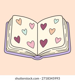 Ilustração de vetor pastel bonito de um livro de jornal aberto decorado com formas de coração. Estilo de doodle desenhado à mão com contornos limpos, cores suaves, design plano mínimo. Temas do Dia dos Namorados, conceito de amor, gráfico de jornalismo, design de papelaria, adesivo, ilustração decorativa.