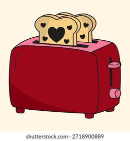 Cute pastel vector illustration of a red toaster with heart-shaped bread slices. Hand-drawn doodle style with clean outlines, soft colors, minimal flat design. Valentine’s Day theme, love breakfast concept, kitchen illustration, greeting card, sticker, decorative graphic.