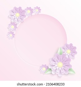 Cute pastellfarbene Vektorpapiere mit violettem Hintergrund, grünen Blättern und einem runden Loch in der Mitte. Blumenmuster-Design mit violettem Layout für Grußkarte oder Hochzeitseinladung