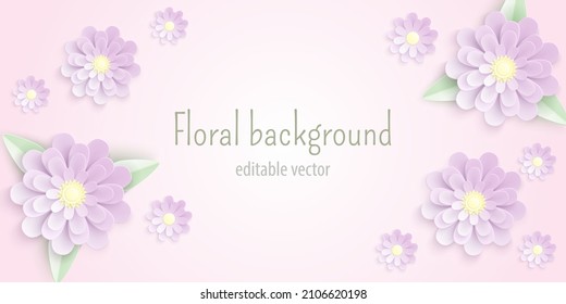 Cute pastellfarbene Vektorpapier, geschnittener Hintergrund mit violetten Blumen und grünen Blättern. Blumenmuster-Design mit violettem Layout für Grußkarte oder Hochzeitseinladung