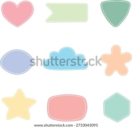 Cute pastel vector shapes set with decorative stitched outline. Blank patches labels for text.