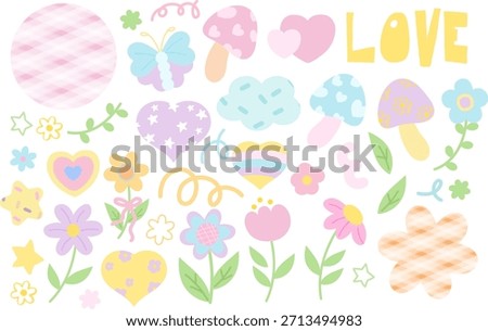 Cute pastel vectors of plants, flowers, butterfly, mushroom, heart, stars, circle shapes for nature, garden, tree, blossom, blooming, animals, insect, park, yard, stickers, cartoon, floral, decoration
