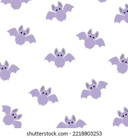 Cute pastel violet flying bats pattern. Halloween funny seamless pattern. White background. For wrapping paper, fabric, wallpaper. Vector illustration.