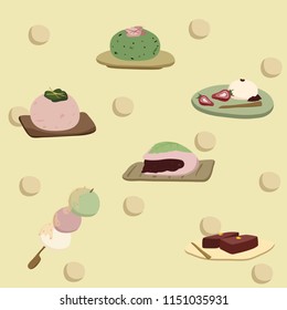 cute pastel wagashi Japanese traditional dessert mochi dango red beans paste and others fluffy sweet for zen tea time or for matcha ceremonial