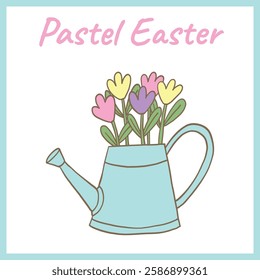 Cute pastel watering can filled with colorful tulips, symbolizing spring, growth, and Easter celebrations in a soft and whimsical design