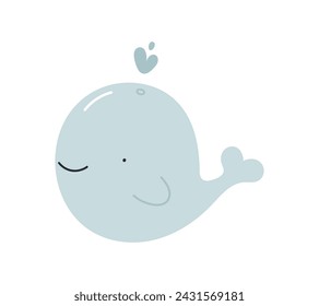 Cute pastel whale. Flat cartoon vector illustration isolated on white background. For card, posters, banners, printing on the pack, printing on clothes, fabric, wallpaper, textile or dishes.