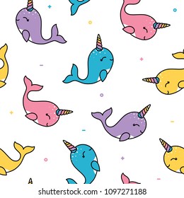 Cute pastel whale seamless patern colorful with unicorn horn