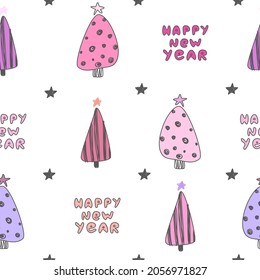 Patrón blanco pastel lindo con árboles de navidad rosados las estrellas negras escriben feliz año nuevo. El fondo es impecable. Textiles para niños Libro de recortes de papel digital.
