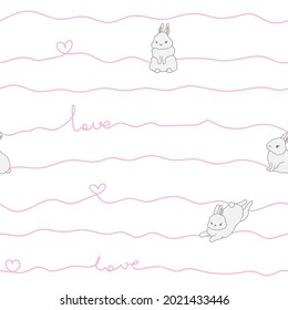 Weiße, pastellfarbene, rosa Muster, Liebeskaninchen. Nahtloser Hintergrund Valentinstag. Textilien für Kinder. Minimalismus Papier Scrapbook für Kinder, Mädchen.