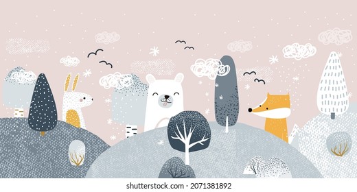 Cute pastel winter forest landscape with animals. Childish trendy print. Vector hand drawn illustration.