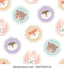 Cute Pastel Woodland Animals seamless pattern. Childish Cartoon Animal Background. Cute Cartoon fox, bear, rabbit, and owl. design for background, wallpaper, fabric, textile and more. Vector Illustrat