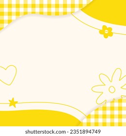 Cute Pastel Yellow Plaid Gingham Check Checkered with Heart Flower Star. Square Post Banner Template Frame Border Memo Sticky note Paper Background. Blank Note Copy Space Vector Illustration.