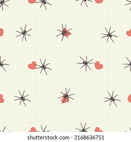 cute pastel yellow wrapping paper with little red hearts and black spiders, prank gift wrap design for friends, spider lover funny seamless pattern print