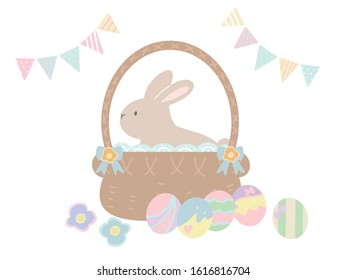 It is a cute pastel-colored illustration depicting a rabbit and Easter eggs as motifs.