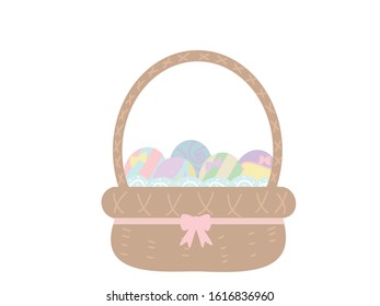 A cute pastel-colored illustration with many Easter eggs in a basket.