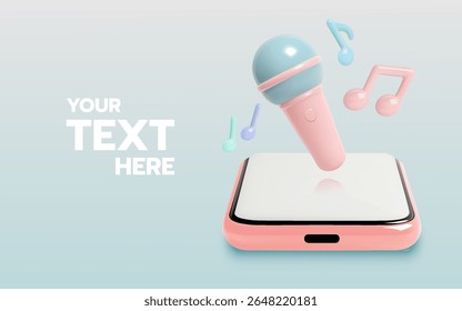 Microfone bonito de cor pastel emergindo de um smartphone, cercado por notas de música flutuantes em um estilo de desenho animado 3D.


