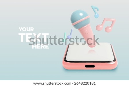 Cute pastel-colored microphone emerging from a smartphone, surrounded by floating music notes in a 3D cartoon style.

