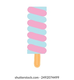 A cute pastel-colored popsicle illustration with pink and blue stripes, on a wooden stick. This whimsical design captures the fun and refreshing essence of a delicious summer treat.