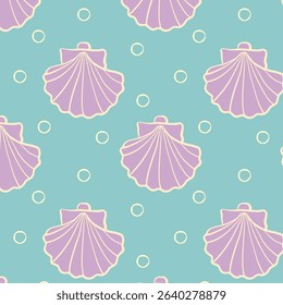 Cute pastel-colored seamless pattern with seashells and bubbles on a turquoise background. Playful marine-themed vector illustration perfect for kids design, summer products, fabric, wrapping paper