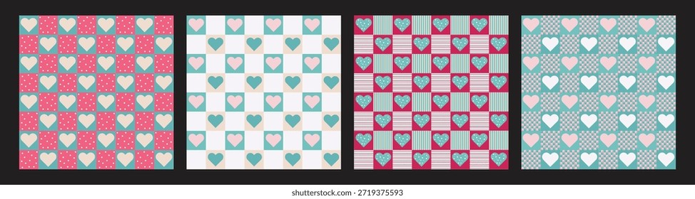 Un lindo patrón sin fisuras de color pastel para el día de San Valentín con corazón en diseños de azulejos a cuadros y geométricos. Perfecto para fondos románticos, papel de regalo, impresiones textiles, Fondos de pantalla,
