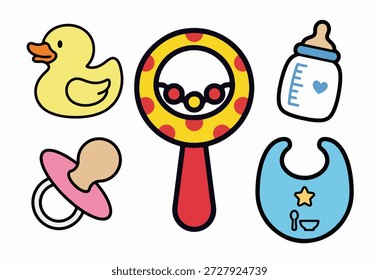 Um conjunto vetor bonito e pastel-colorido representando recém-nascidos essenciais do bebê. A coleção inclui um pato de borracha amarelo, um chocalho colorido, uma mamadeira de leite, uma chupeta e uma babá. Este design plano adorável é adequado para convites de chá de bebê, blogs de paternidade, serviços de puericultura e embalagem de produtos de jardim de infância.