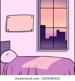 cute pastel-themed bedroom during twilight. The room has a soft pink hue with a pillow and bed covered in a light pink sheet that reflects the warm colors of the sunset visible through a large window.