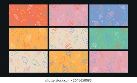Cute pastel-themed illustration with various ice cream cones, popsicles, and dessert icons in a minimalist, playful layout.