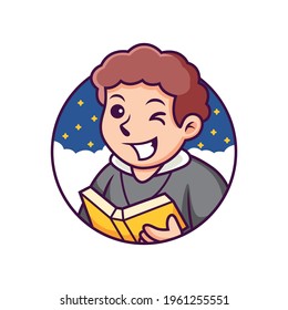 Cute Pastor Cartoon with Night Background. Vector Icon Illustration, Isolated Premium Vector