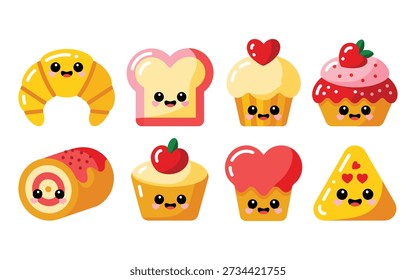 Cute pastry characters set, croissant smiles, cupcake tops, jelly heart tart, strawberry cake slice, happy snack festival illustration vector