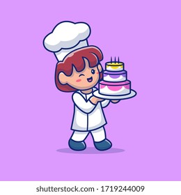 Cute Pastry Chef With Birthday Cake Vector Icon Illustration. Profession Icon Isolated Concept Premium Vector
. Flat Cartoon Style Suitable for Web Landing Page, Banner, Flyer, Sticker, Card