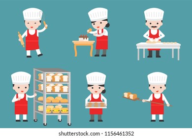 Cute pastry chef characters set with bread and cooking tools, flat design