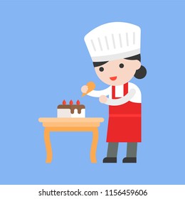 cute pastry chef decorating cake, flat design