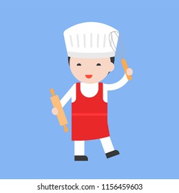 cute pastry chef with rolling pin, flat design