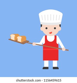 cute pastry chef taking out with shovel freshly baked bread, flat design