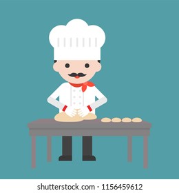 cute pastry chef threshing flour or kneading dough on table, flat design