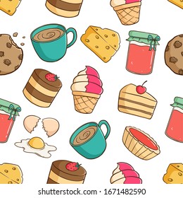cute pastry elements in seamless pattern with strawberry jam, coffee, cookie and slice cake on white background