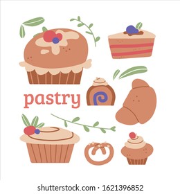 Cute pastry set with plants on white background
