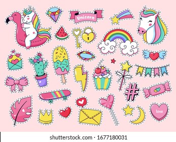 Cute patch badges. Magic fashion doodle patches, fairytale pink rainbow unicorn, ice cream and sweet candy isolated vector illustration icon set. Cartoon girl sticker, fairy animal unicorn ice cream