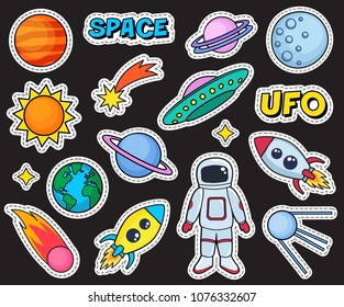 Cute patches set with space cosmonaut planets sun earth rockets spaceships moon ufo comet satellite and stars on black background. Fashion stickers, cartoon 80s-90s style. Vector illustration