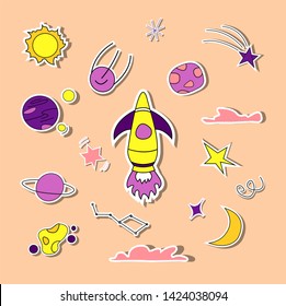 Cute Patches Set with Space planets sun earth Rockets spaceships moon comet satellite and Stars on pink background. Fashion Stickers, Cartoon 80s-90s style. Vector Illustration.