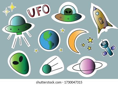 Cute patches set with space planets Moon Earth rocket spaceships UFO comet satellite and stars on a grey background. Fashion stickers, cartoon style of the 80's-90's. Vector illustration