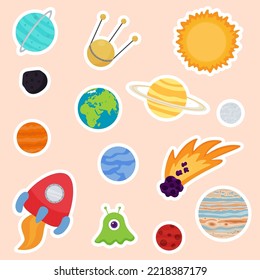 Cute patches set with space, planets, rockets, meteorites. Vector stickers in cartoon style.