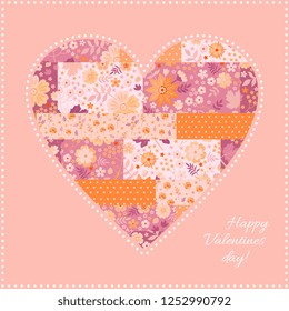 Cute patchwork heart pattern. Beautiful card for Valentine day. Vector illustration.