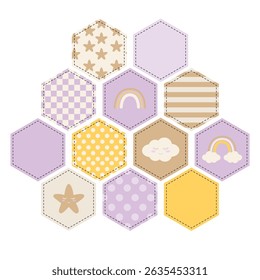Cute patchwork pattern of hexagons with various childish motifs.  Print for fabric. Quilt design for children's room. Dots, stars, rainbows, clouds and other childish elements.