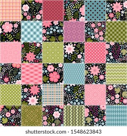 Cute patchwork seamless pattern from square patches with floral and geometric ornaments. 