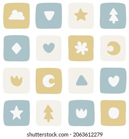 Cute patchwork shapes childish pastel pattern. Seamless texture for textile, fabric, apparel, wrapping, paper, stationery, nursery.