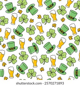 Cute Patrick Day with Beer, Clover, and Leprechaun. This seamless pattern is perfect for crafting holiday-themed decorations, digital designs, party invitations, or gift wraps